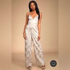 Lulu’s Oh so elegant champagne jacquard lace-up wide-leg jumpsuit